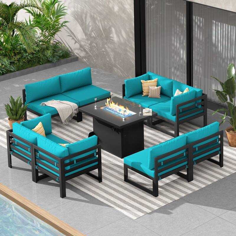 9-Piece Aluminum Outdoor Furniture Set With Fire Pit Table Propane/Natural Gas 60,000 BTU, Extra Large Aluminum Patio Sectional