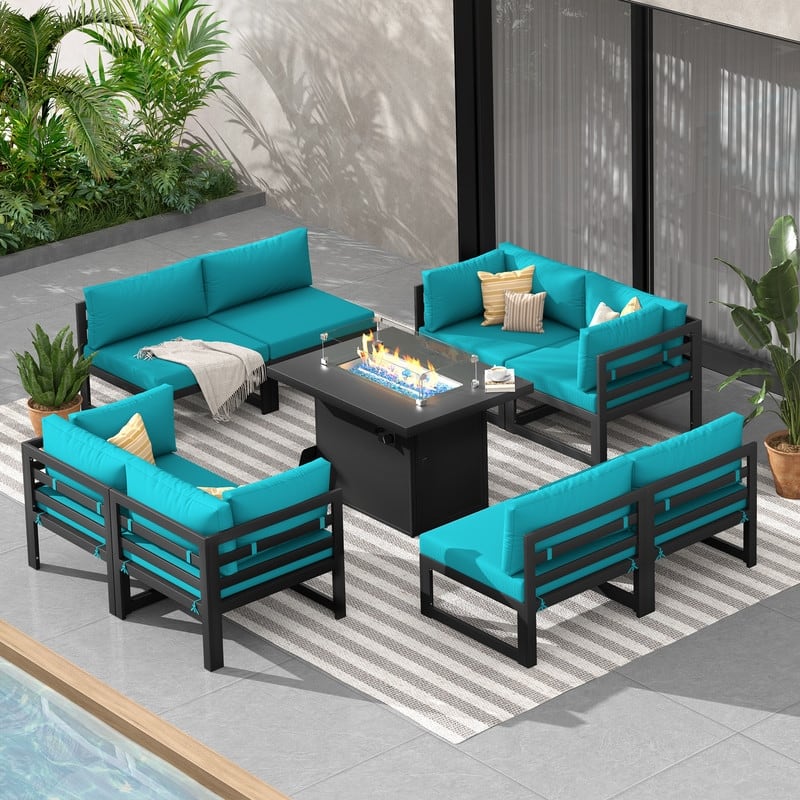 FINCATI Aluminum Outdoor Patio Furniture Conversation Sectional Sofa Set - 9 Pieces-A - Teal