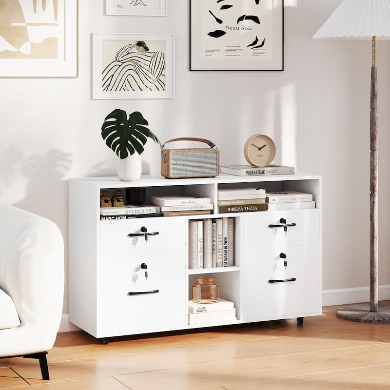 White Mobile File Cabinet with Lock 4 Drawers Adjustable Compartments and Casters