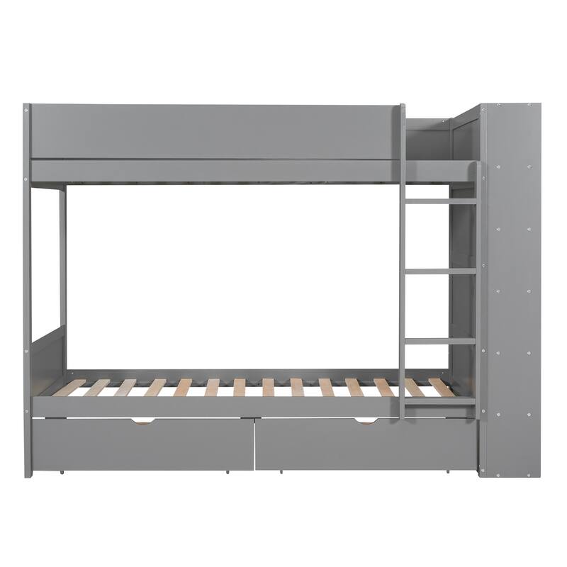 Bunk Bed With 2 Drawers and Multi-layer Cabinet