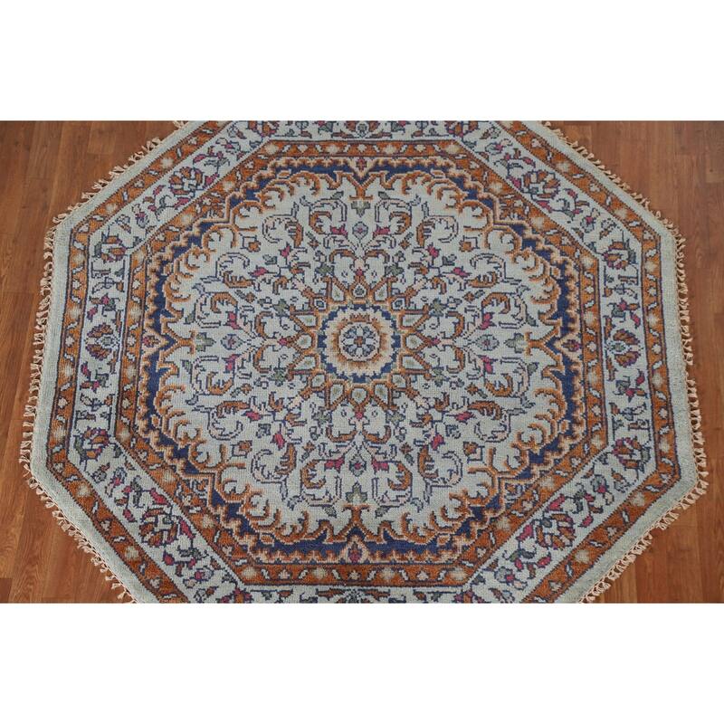 Heriz Serapi Indian Octagon Area Rug Handmade Wool Carpet - 5'11"x 6'1"