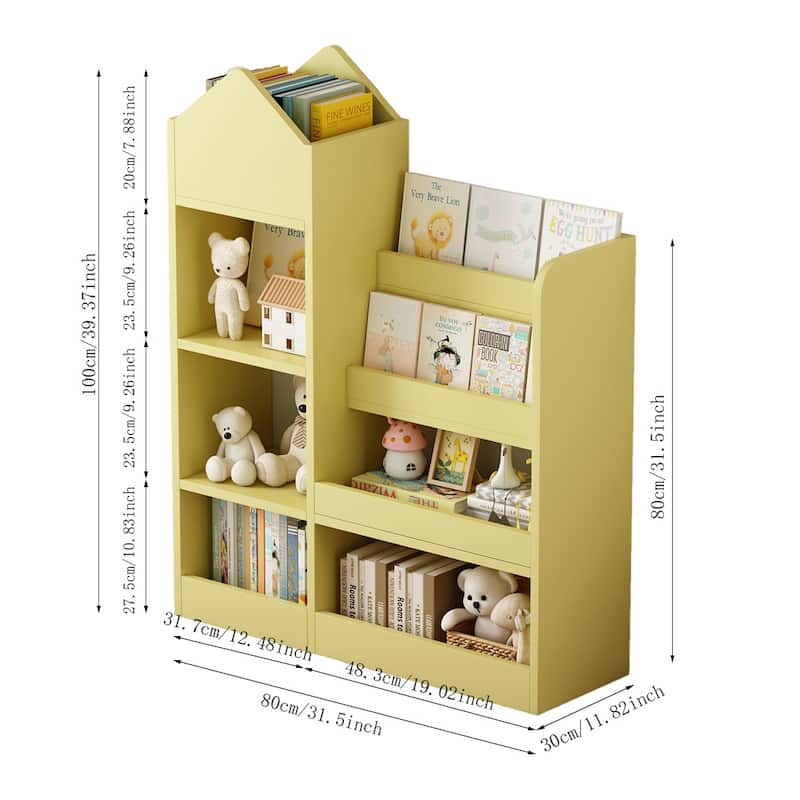 Anmytek Yellow Kids Bookshelf Toy Storage Organizer 6 Compartments 2 Baskets Cubby