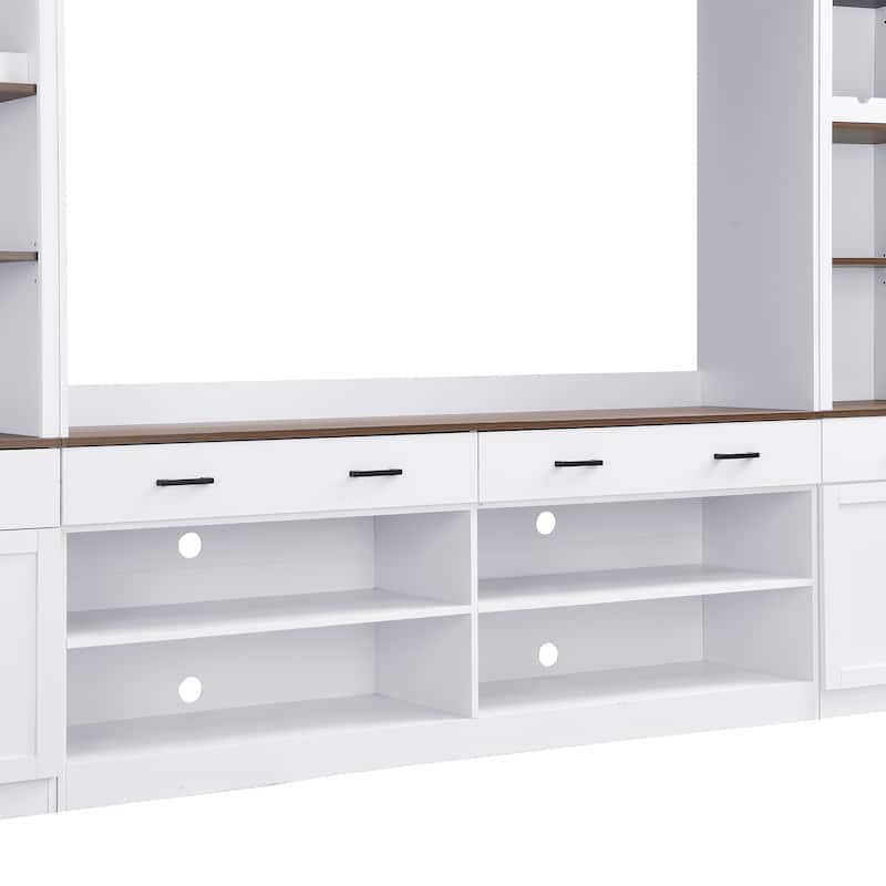 Roomfitters Mid-Century 4-Piece Entertainment Wall Unit with Bookshelves, TV Stand for TVs up to 70" withShelves and Wine Rack