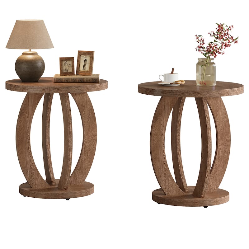 Round Nightstand with Storage Large Bedside Table for Bedroom - 2 Packs - Brown