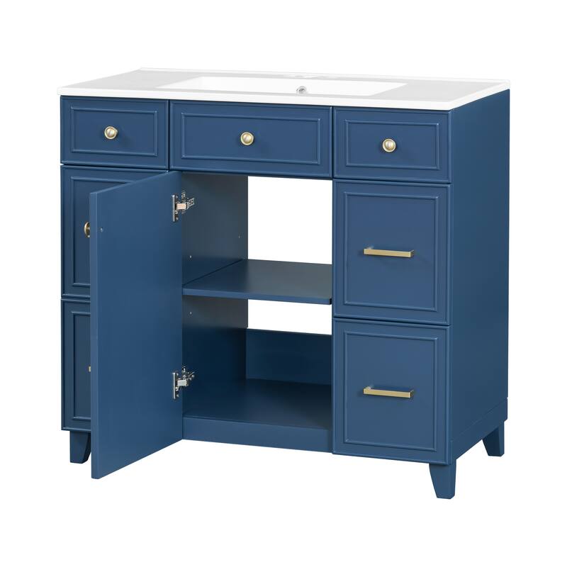 36 Inch Freestanding Bathroom Vanity with White Ceramic Basin and Door and Drawers