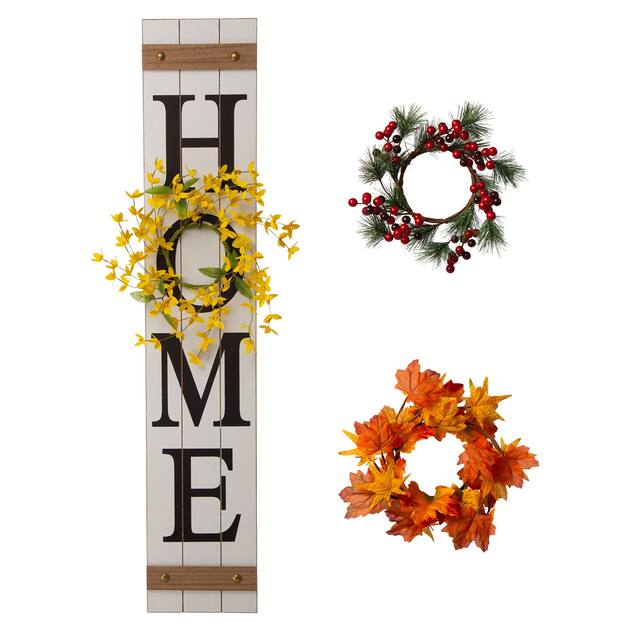 Glitzhome 42"H Wooden "HOME" Porch Sign with 3 Changable Floral Wreaths - White