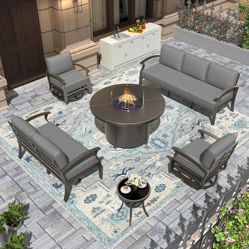Patio Aluminum Sofa with Armrests, Outdoor Conversation Set with Round Fire Pit Table 5inch Thick Seat Cushions