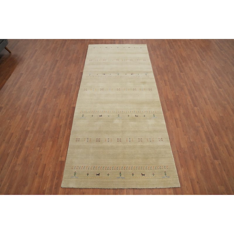 Hand Knotted Oriental 100% Wool Carpet Tribal Animal Pictorial Beige & Ivories Gabbeh Area Rug - 11' 8'' X 4' 11''