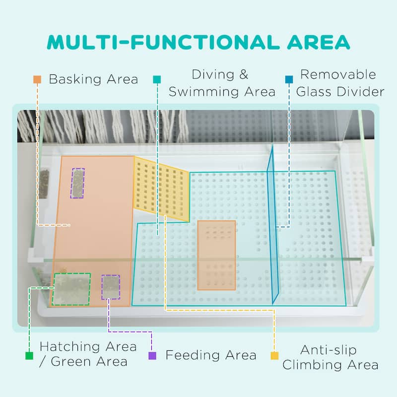 PawHut Glass Turtle Tank, Turtle Aquarium with Basking Platform and Filter Layer Design, Full View Visually Reptile Habitat