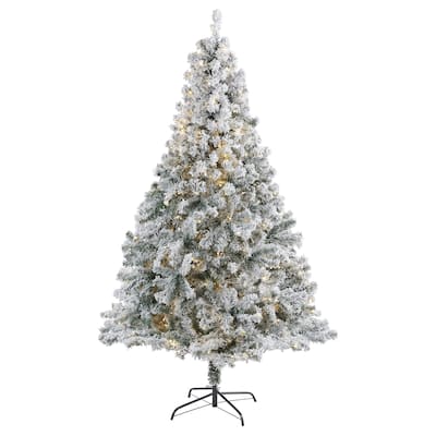 7' Flocked Rock Spruce Artificial Christmas Tree, Clear LED Lights - 7 Foot
