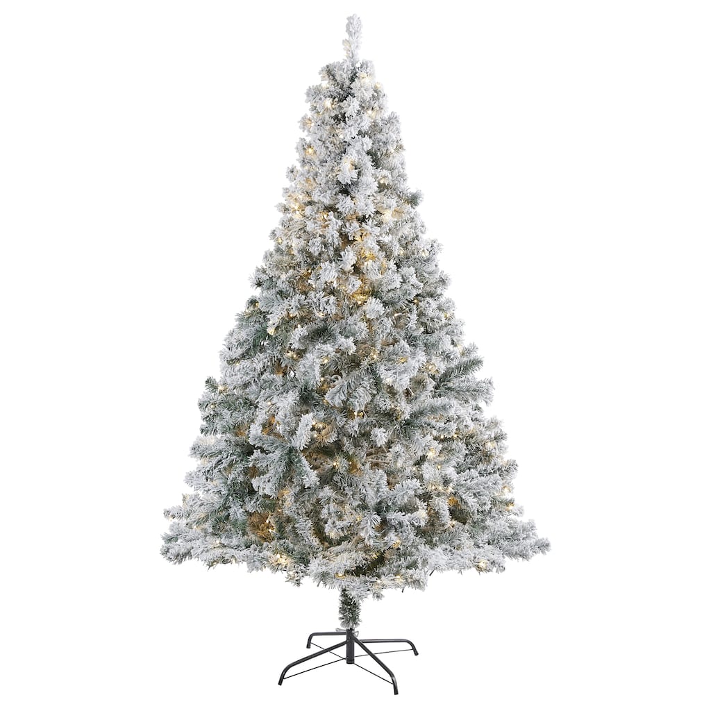 7' Flocked Rock Spruce Artificial Christmas Tree, Clear LED Lights - 7 Foot
