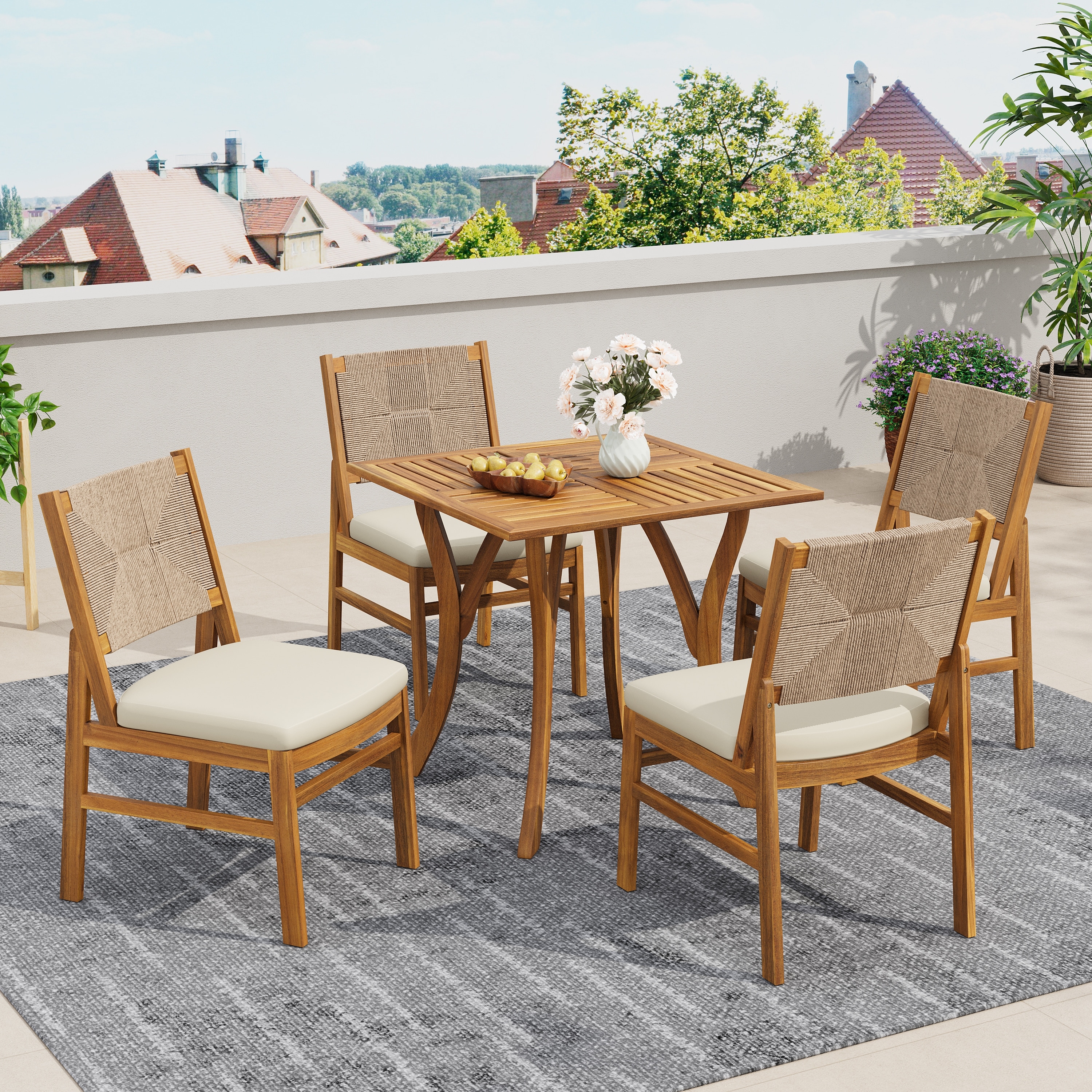 Christopher Knight Home - 5-Piece Outdoor Dining Set Acacia Wood with Teak Finish, Wicker Woven Chairs and Cushions Included