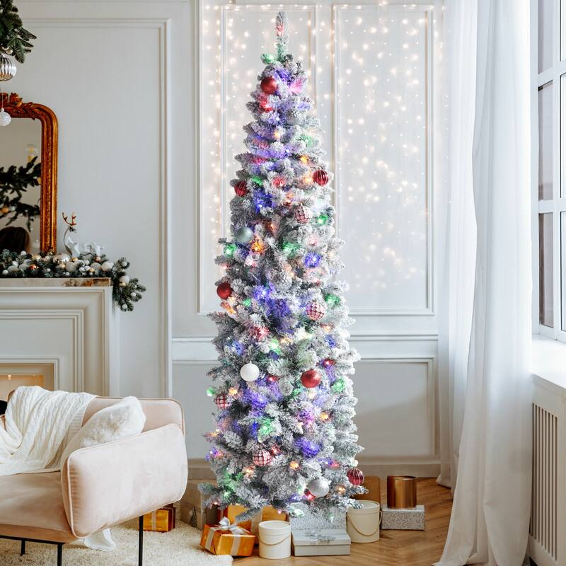 VEIKOUS Pre-Lit Artificial Christmas Tree Pencil Snow with Foldable Iron Stand with LED lights, 5.5/6.5/7.5 ft - 6.5 Foot - Multi