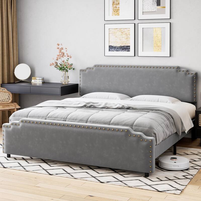 Velvet Upholstered Platform Bed Frame, No Box Spring Needed