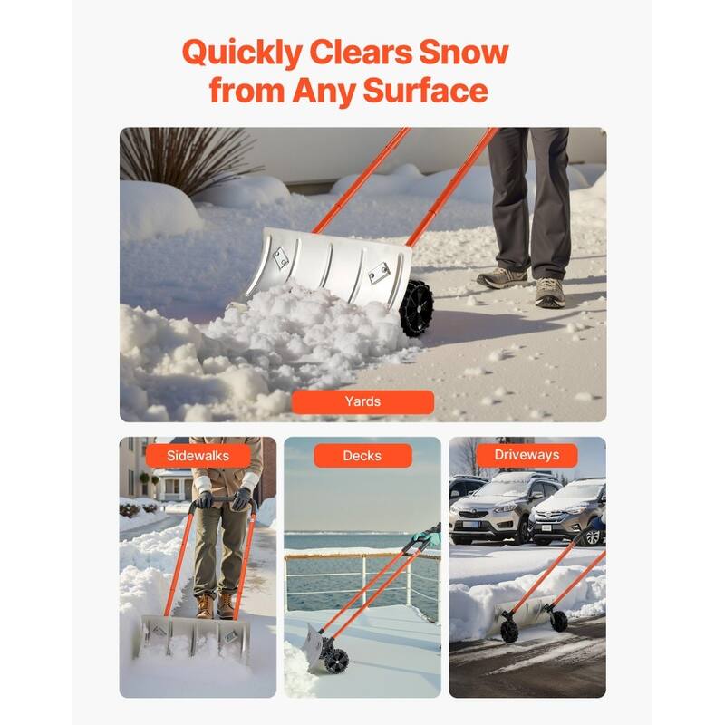 24 Inch Push Snow Shovel with Wide Blade Sturdy Frame and Anti-Slip Wheels for Driveway Yard or Sidewalk