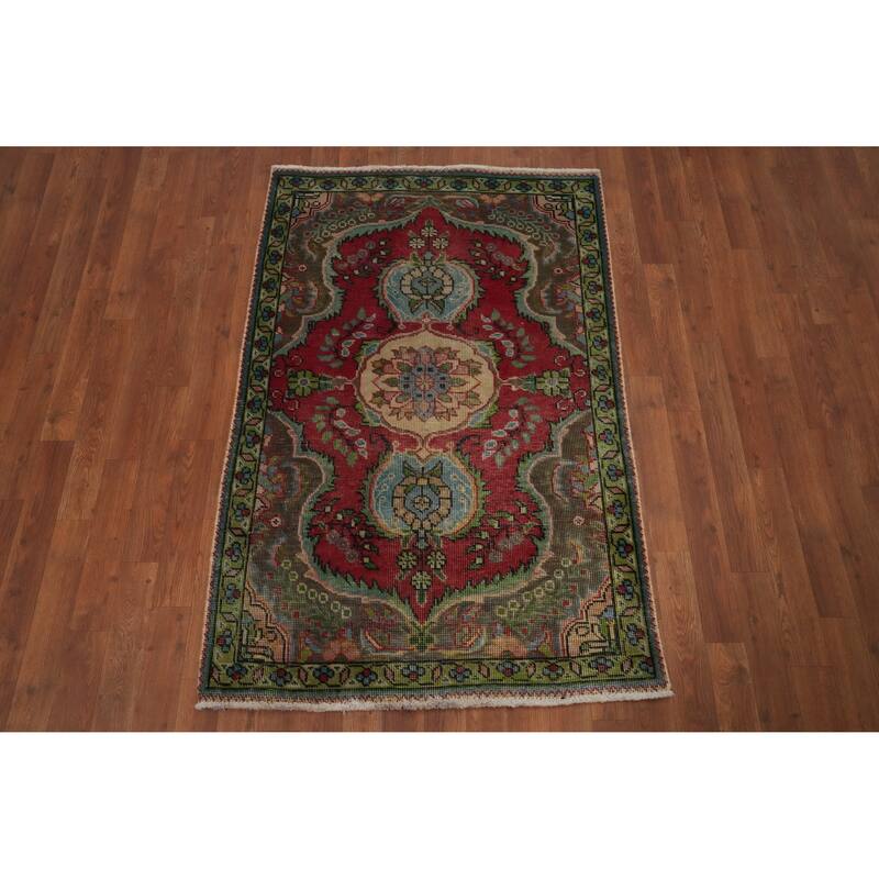 Hand Knotted Oriental 100% Wool Carpet Traditional Floral Red Tabriz Area Rug - 4' 10'' X 3' 2''