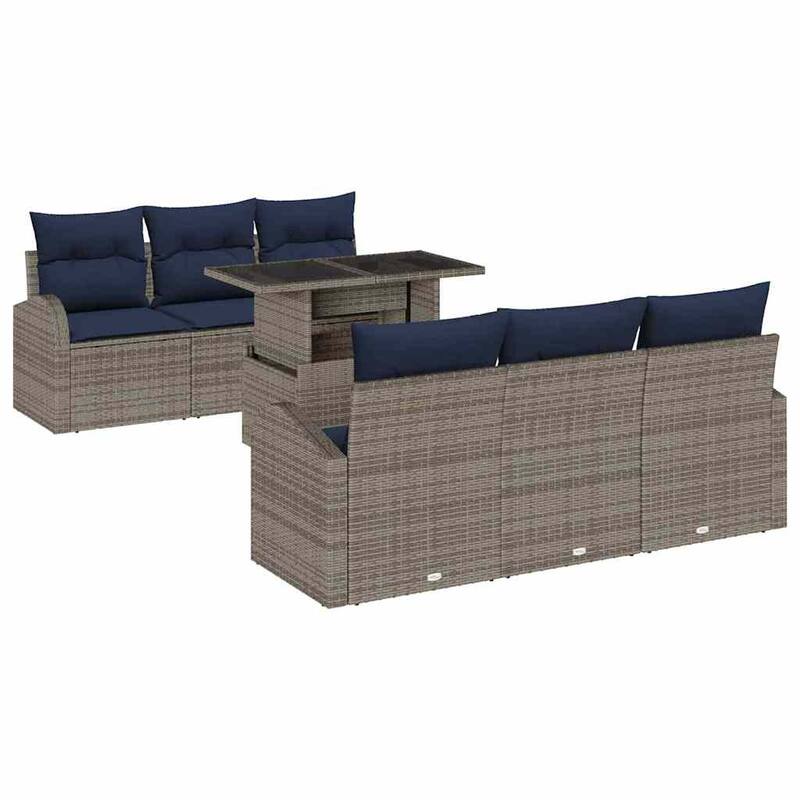 vidaXL 7 Garden Sofa Set with Cushions Black/Brown/Grey Poly Rattan - 70.5 x 24.4 x 27.2