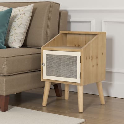 Zimy Side End Table with Built-in Cabinet Hutch, 16 Inch Brown White