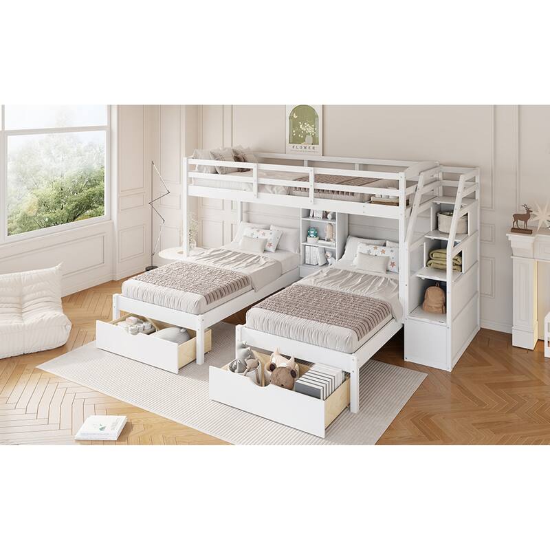 Roomfitters Twin Over Twin and Twin Triple Bunk Bed with Drawers and Storage Shelves