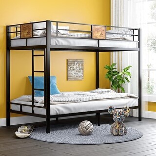 ARCTICSCORPION Metal Full Over Twin Triple Bunk Bed With Shelf And Guardrail Black