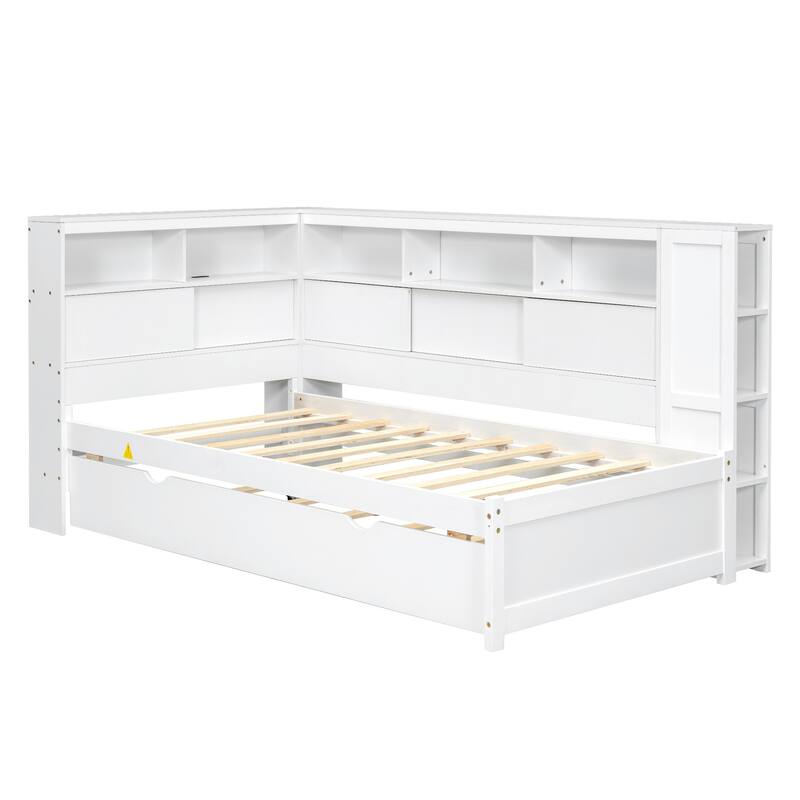 Twin Size Wood Daybed with Storage Shelves, USB Charging Port, Trundle, and White Finish, Perfect for Small Spaces