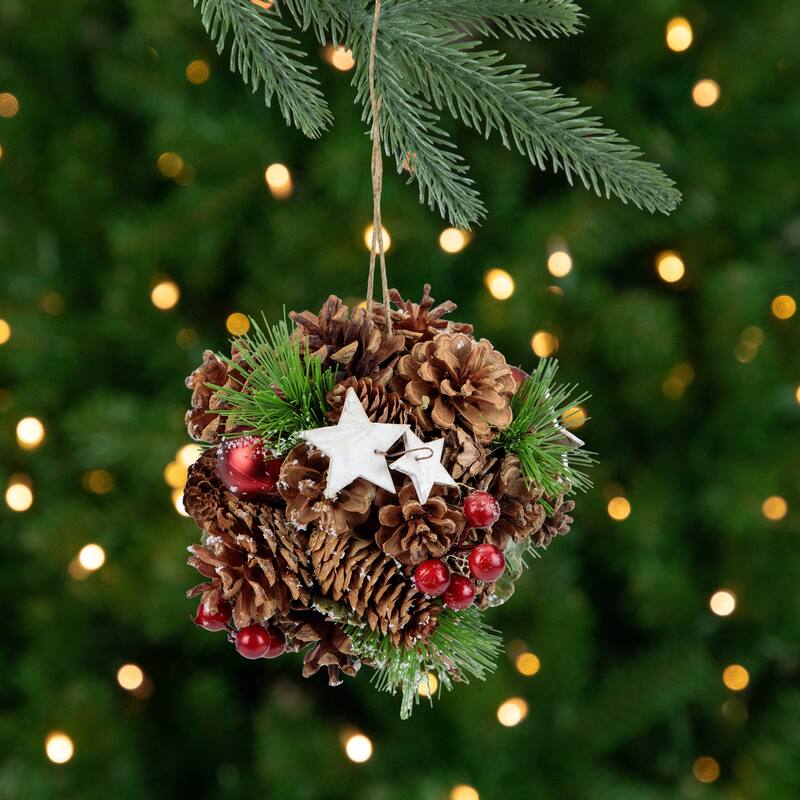 Pine Cones, Stars and Berries Hanging Christmas Ornament - 6"