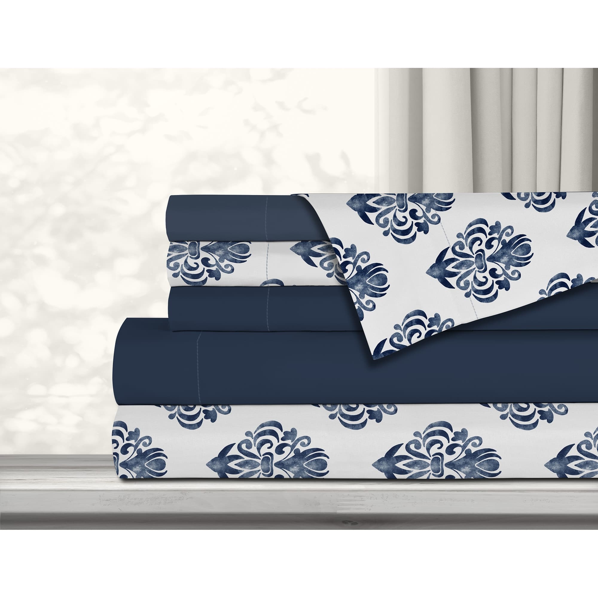 Antibacterial Printed Solid 6 Piece Double Navy Sheet Set Bed Bath