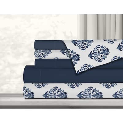 Antibacterial Printed Solid 6 Piece Double Navy Sheet Set