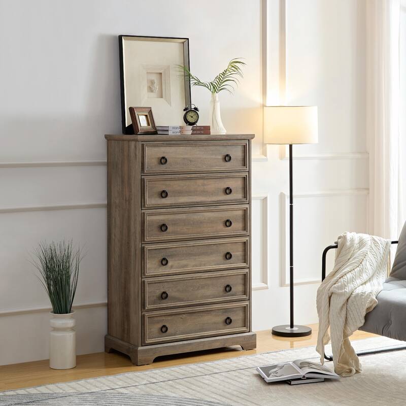 Contemporary 6-Drawer Dresser, Tall Chest with Easy-Pull Handles, Textured Borders for Living Room, Hallway - Natural