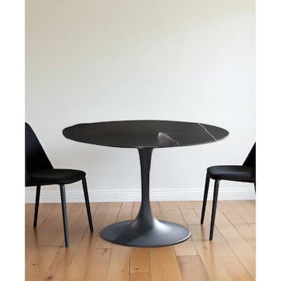 47" Black Rounded Ceramic And Metal Pedestal Base Dining Table