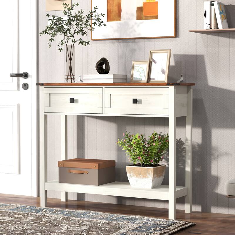 Farmhouse Entryway Console Table with Drawers and Shelf