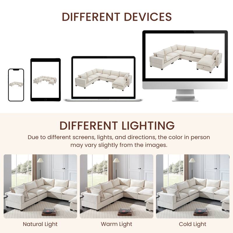 U Shaped Modular Sectional Sofa with Movable Storage Ottoman, Comfy Chenille Deep Seat Cloud Couch, Oversized 7 Seat Corner Sofa