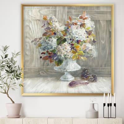Designart "Rustic Florals White" Cabin & Lodge Premium Framed Art Print