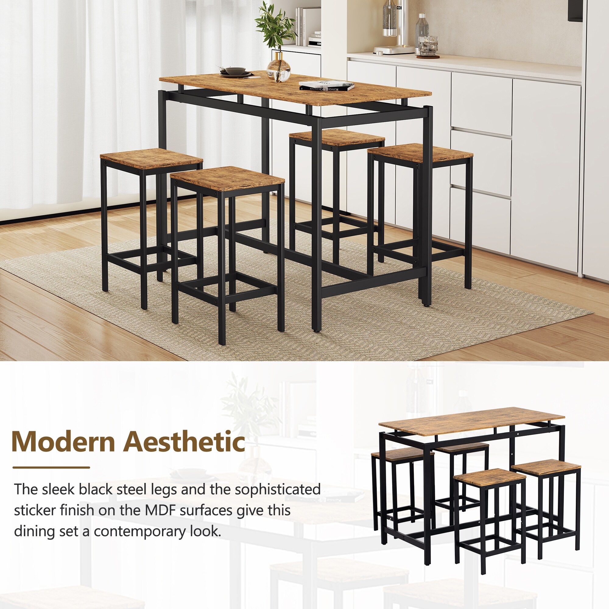 Space Saving 5 Piece Bar Table Set with 4 Stools Breakfast Nook Brown Dining Set with Rectangular Dining Table Bed Bath Beyond 41207997