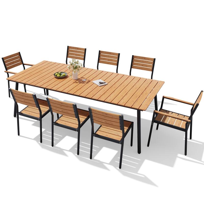 VredHom 7/9-Piece Outdoor Patio Aluminum Dining Table with Stackable Chairs Umbrella Hole - 94.5in-Brown-9PC