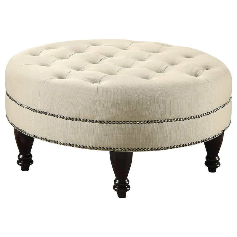 Elchin Oatmeal Round Upholstered Tufted Ottoman - Oatmeal - Large