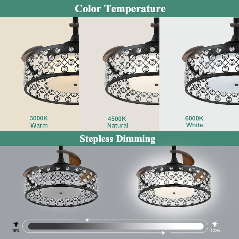 Cusp Barn 22" Retractable Ceiling Fan with Lights and Remote, Modern Crystal 6 Speeds Enclosed Ceiling Fans for Bedroom