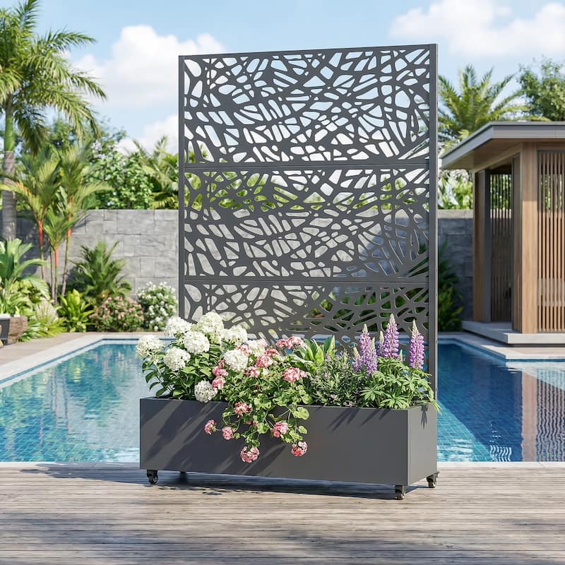 Metal Galvanized Planter Box with Trellis Privacy Screen Lockable Wheels - Dark Grey-Rectangle - 72"x47"