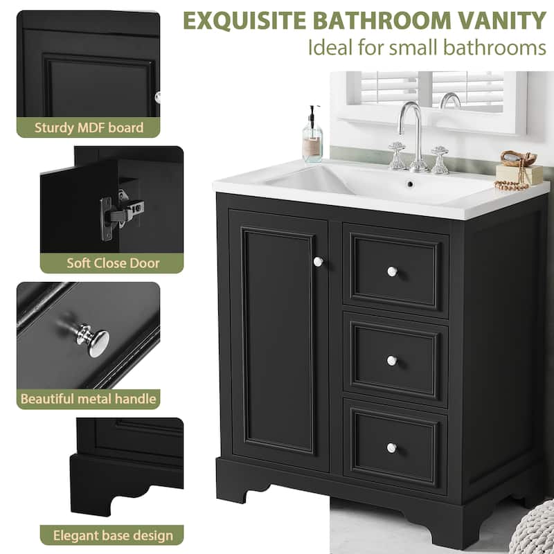 30-Inch Bathroom Vanity with Ceramic Basin, Freestanding Bathroom Storage Cabinet with 3 Drawers and Adjustable Shelves