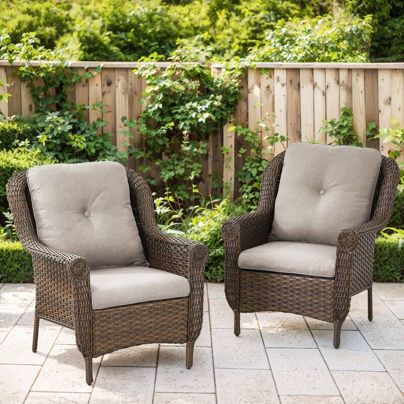 Outdoor Brown Rattan Patio Chair with Cushion - Beige - Brown