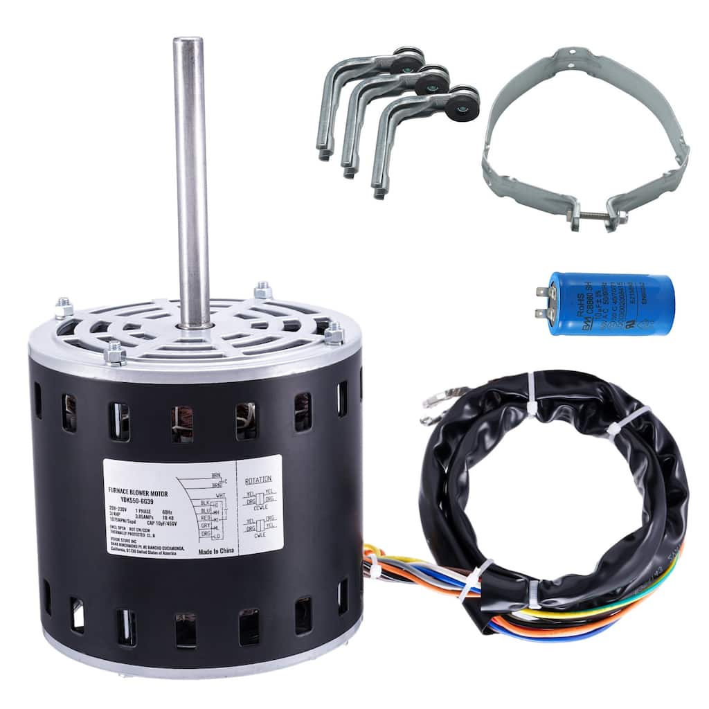 Furnace Blower Motor, CW/CCW Rotation, 48 Frame Shaft Length, Capacitor + 11" Hold Hoop