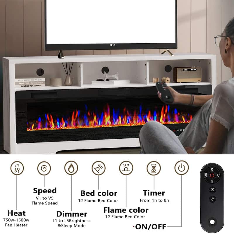 BOSSIN Fireplace 65" TV Stand for TVs Up to 75" TV with 60" Electric Fireplace,Entertainment Center with Open Shelve Storage