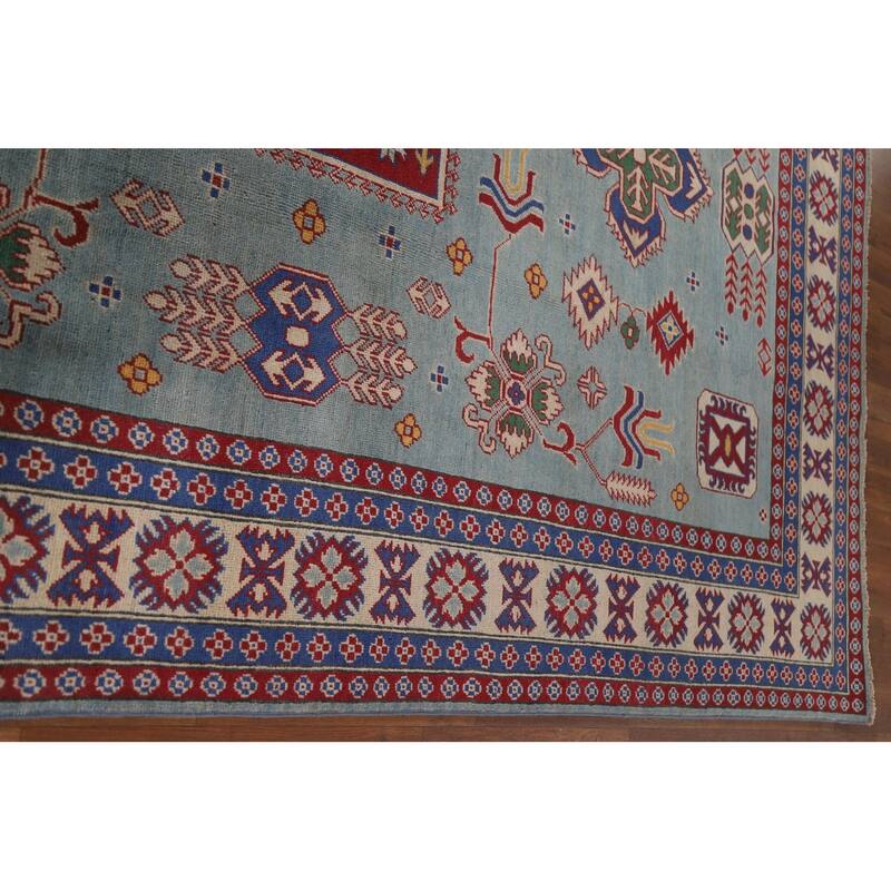 Hand Knotted Oriental 100% Wool Carpet Traditional Geometric Navy Blue & Blues Kazak Area Rug - 9' 8'' X 6' 8''