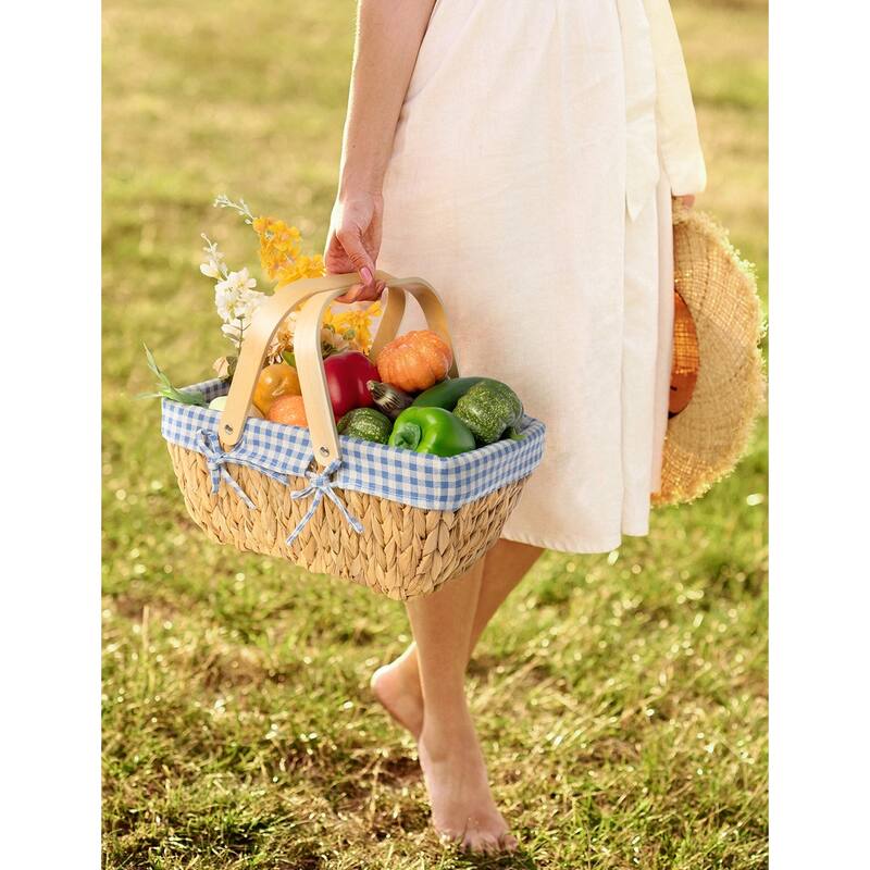 Wicker Basket with Wood Handle, Water Hyacinth Basket for Easter, Gift, Picnic - 15"D x 9.75"W x 7"H