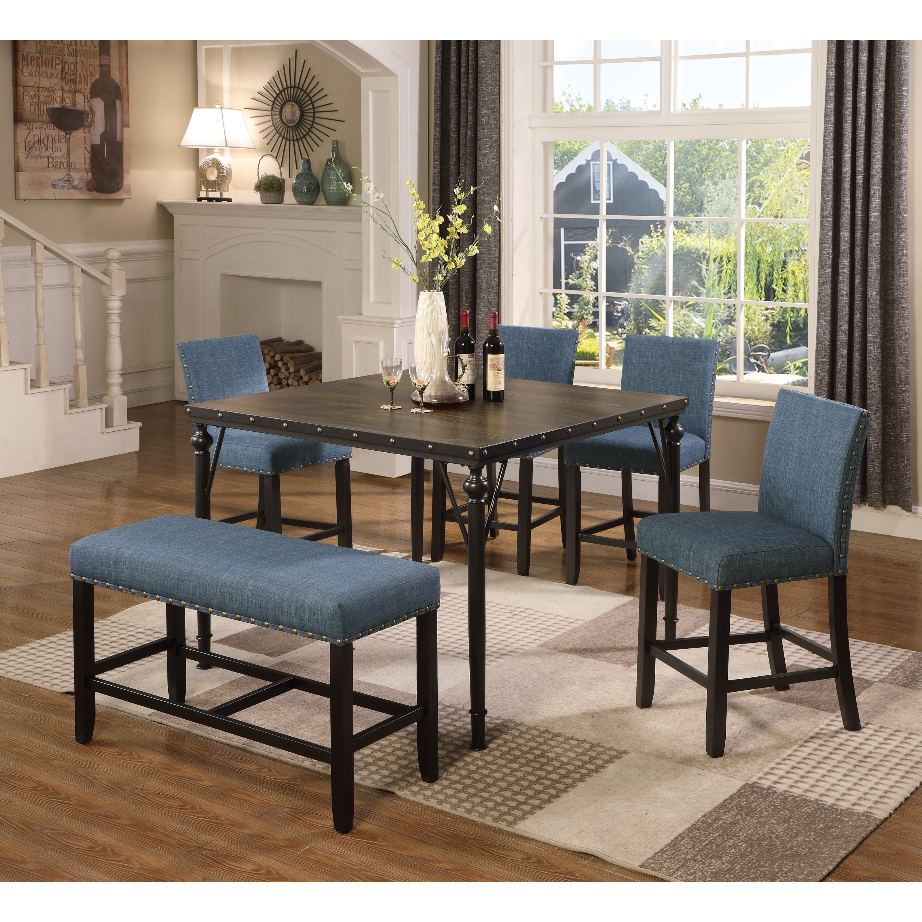 Roundhill biony espresso wood dining set with tan deals fabric nailhead chairs