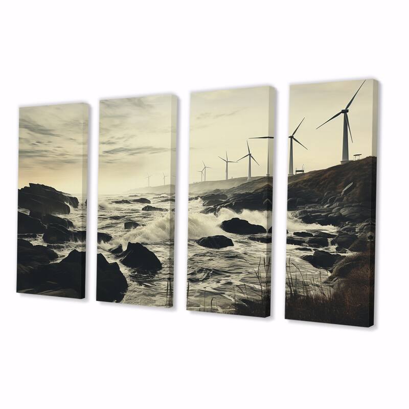 Designart "Wind Turbines Monochrome Coastal Harvest" Landscapes Multipanel Canvas Print set