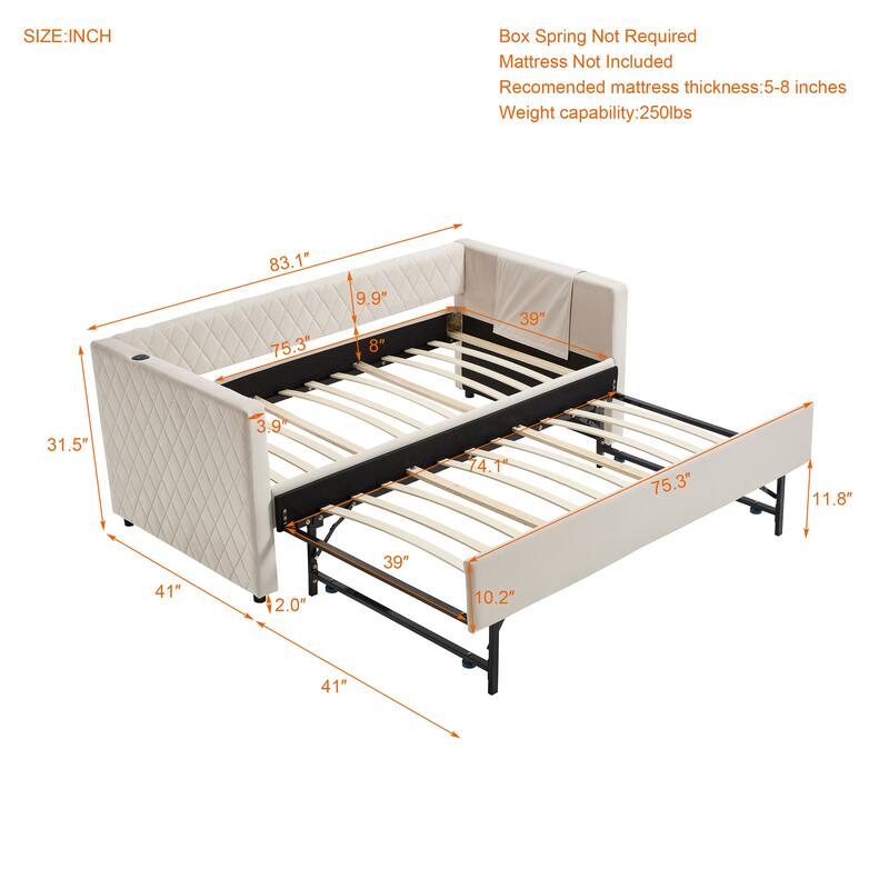 Twin Size Upholstered Daybed with Trundle, Velvet Sofa Bed with USB Port & Side Pockets, Modern V-Grained Backrest Guest Bed