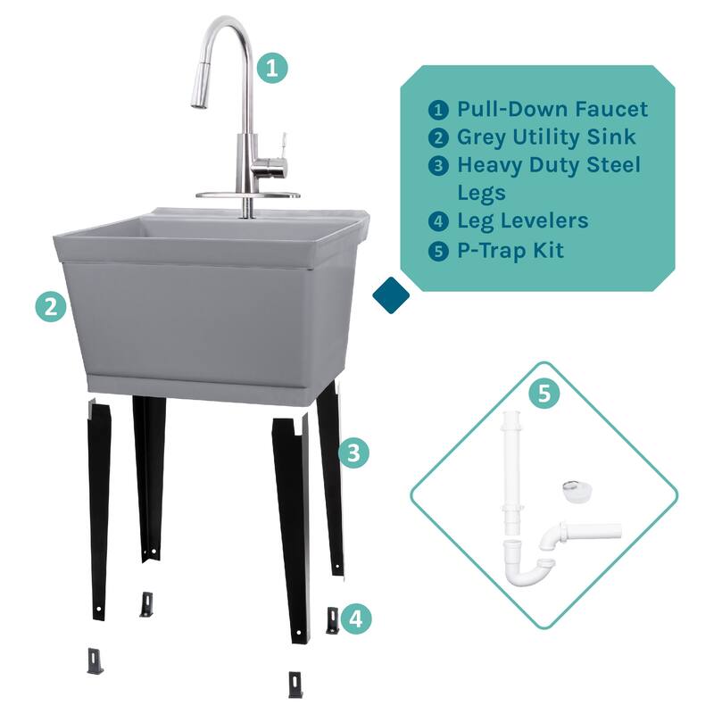 TEHILA Utility Sink Laundry Tub with Stainless Finish High Arc Faucet - N/A