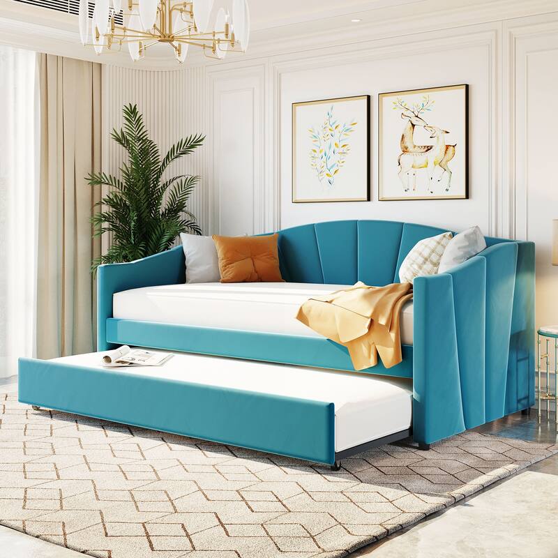 Velvet Upholstered Twin Daybed with Trundle, Solid Wood Slat Support, No Box Spring Needed, Space-Saving Design - Blue - Twin