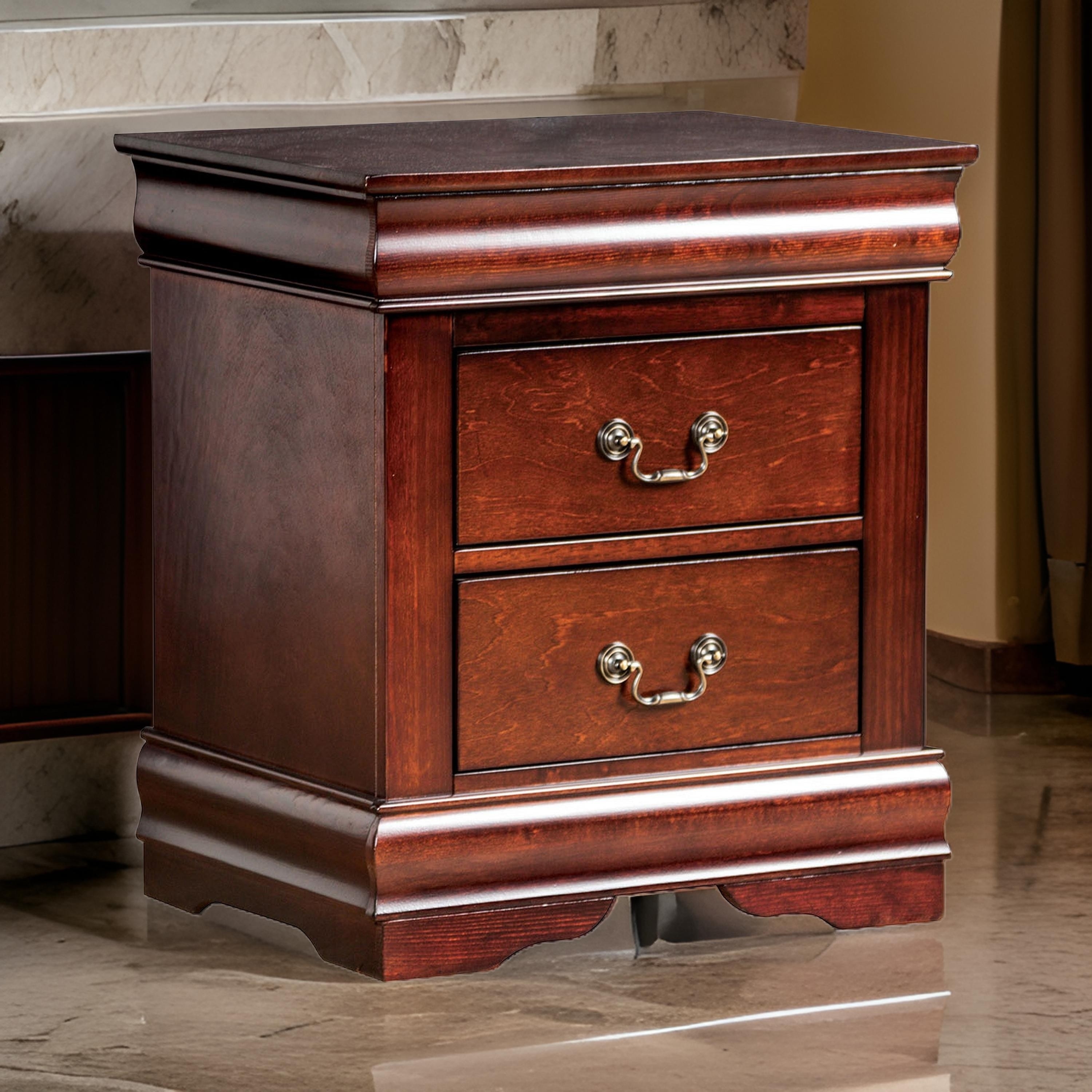 Benjara Ryla Nightstand, 2 Drawers, Cherry Brown Solid Wood, Bronze Drop Handles